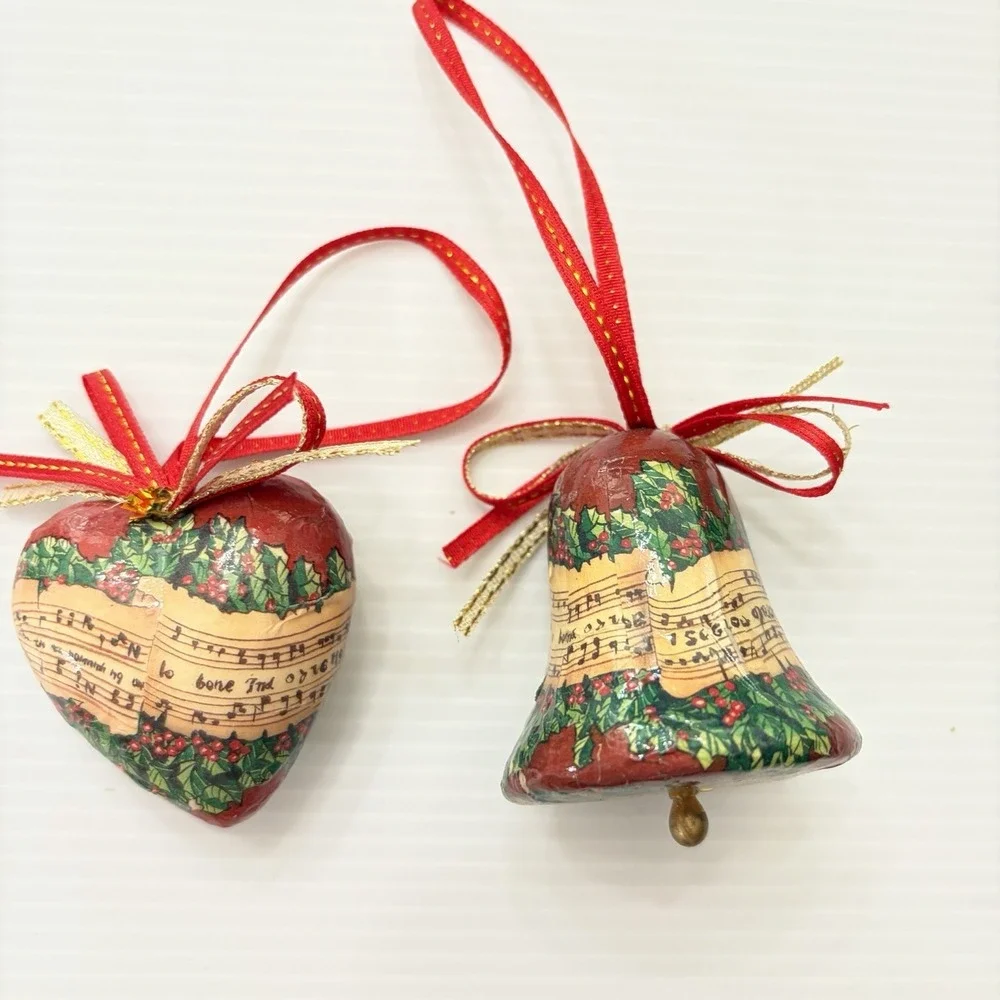 Vintage Decoupage Christmas Ornament Set Of 2 Bell & Heart Holiday Music Holly